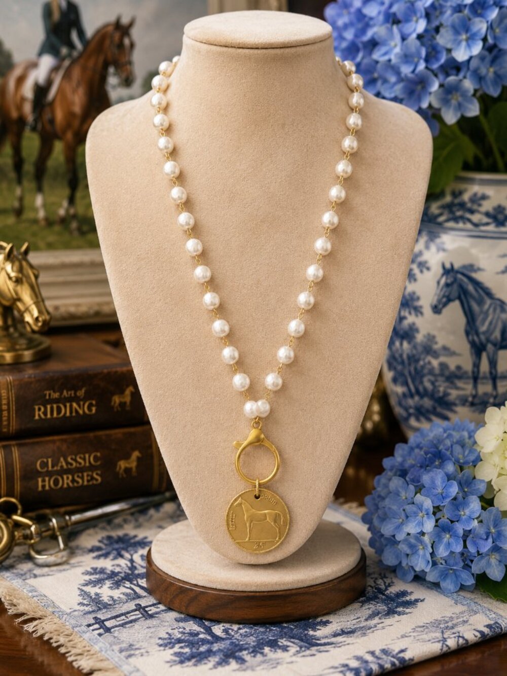 Pearl Horse Coin Necklace, Gold Equestrian Medallion Pendant